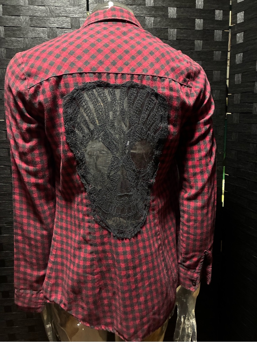 Hot Topic Mall Goth Red Plaid Flannel Sheer Lace Skull Back Blouse